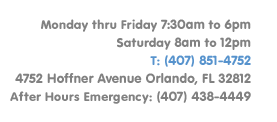 Monday - Friday 7:30am to 6pm Saturday 8am to 12pm Phone: 407-851-4752 Address: 4752 Hoffner Avenue Orlando, FL 32812