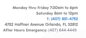 Monday - Friday 7:30am to 6pm Saturday 8am to 12pm Phone: 407-851-4752 Address: 4752 Hoffner Avenue Orlando, FL 32812